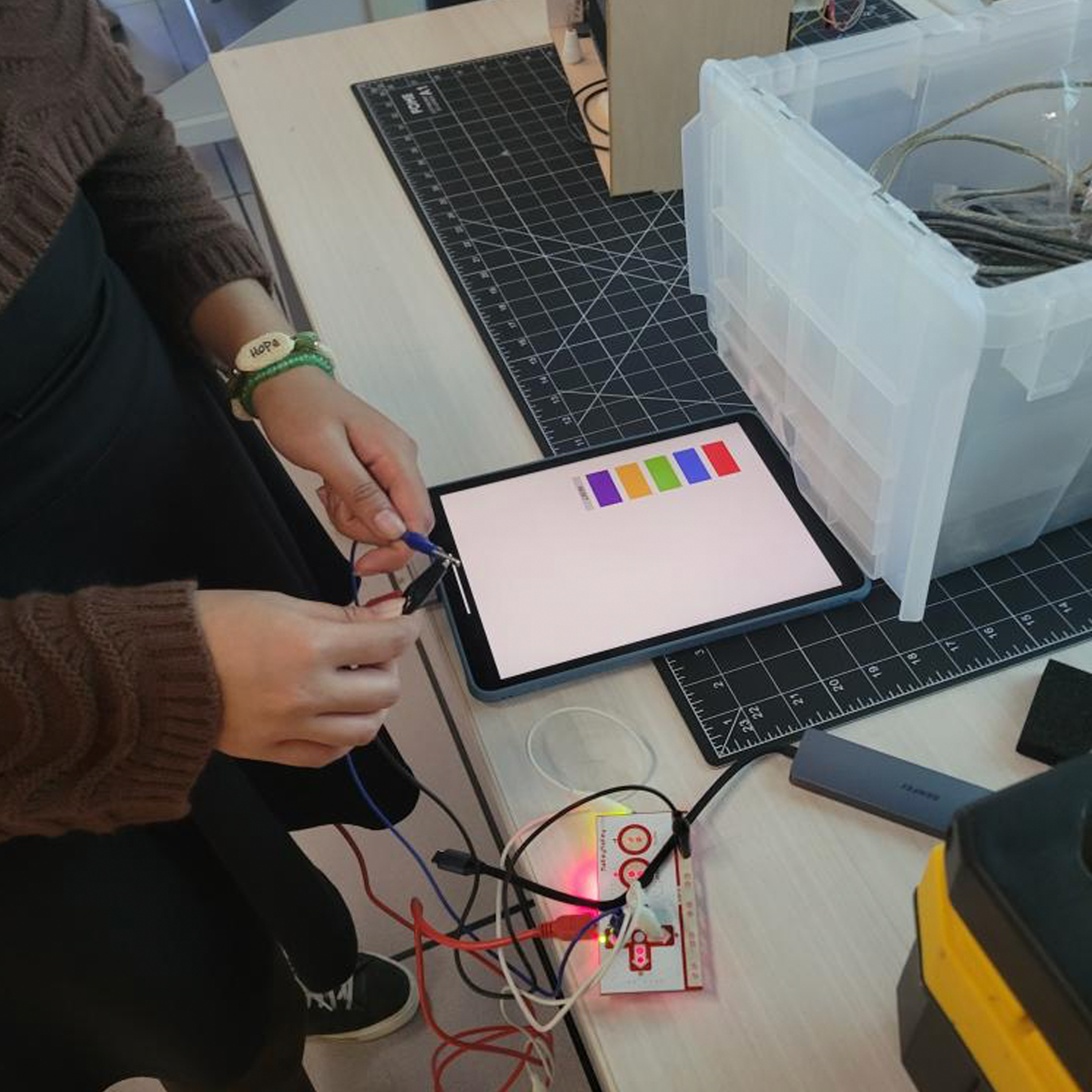 Brought back the Makey Makey and connected it to a ProtoPie file, where each button was assigned to a colour lighting up. Learned how to connect the two.