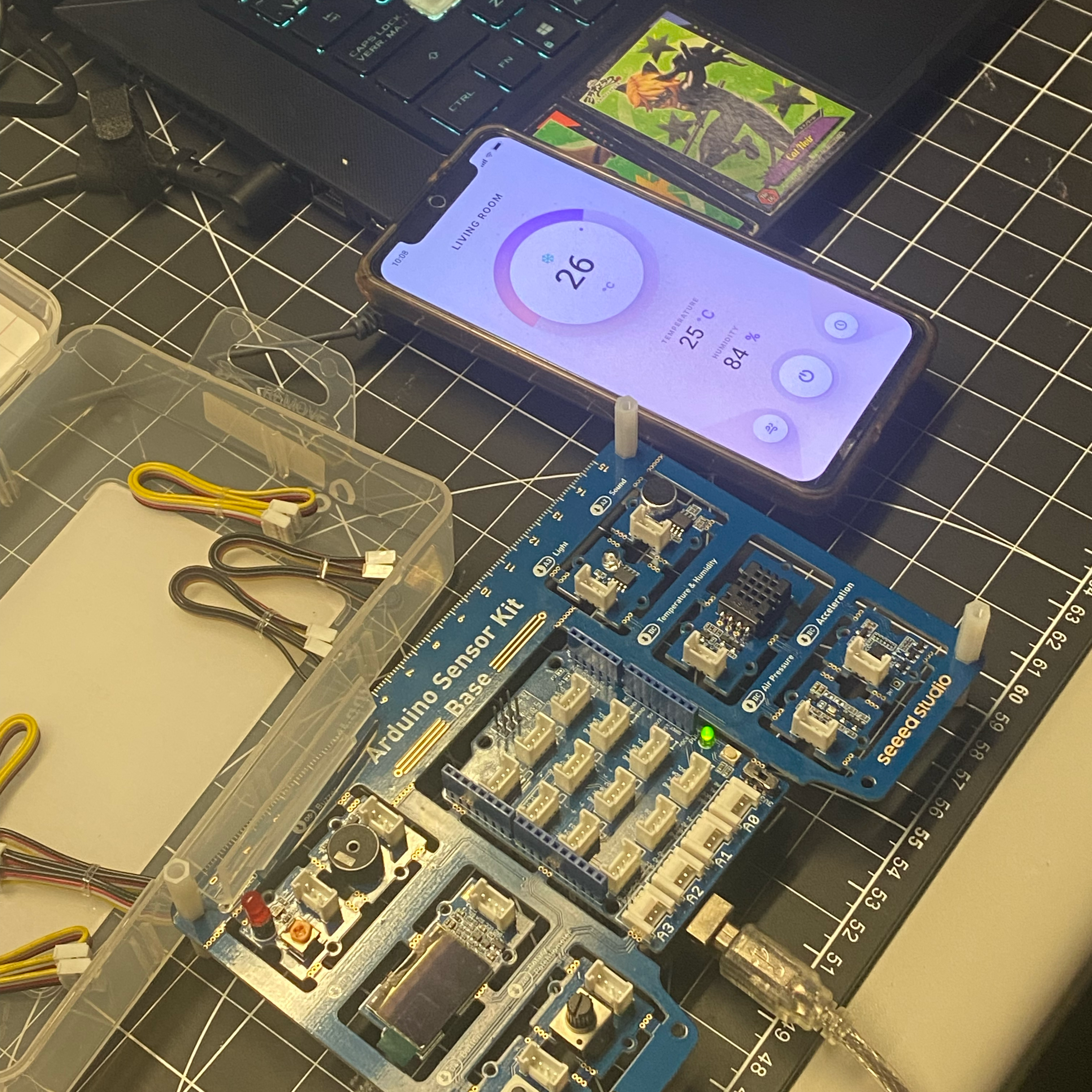 Turned the knob and watched how it changed the temperature UI elements. The humidity UI elements changed when blowing into the Arduino.
