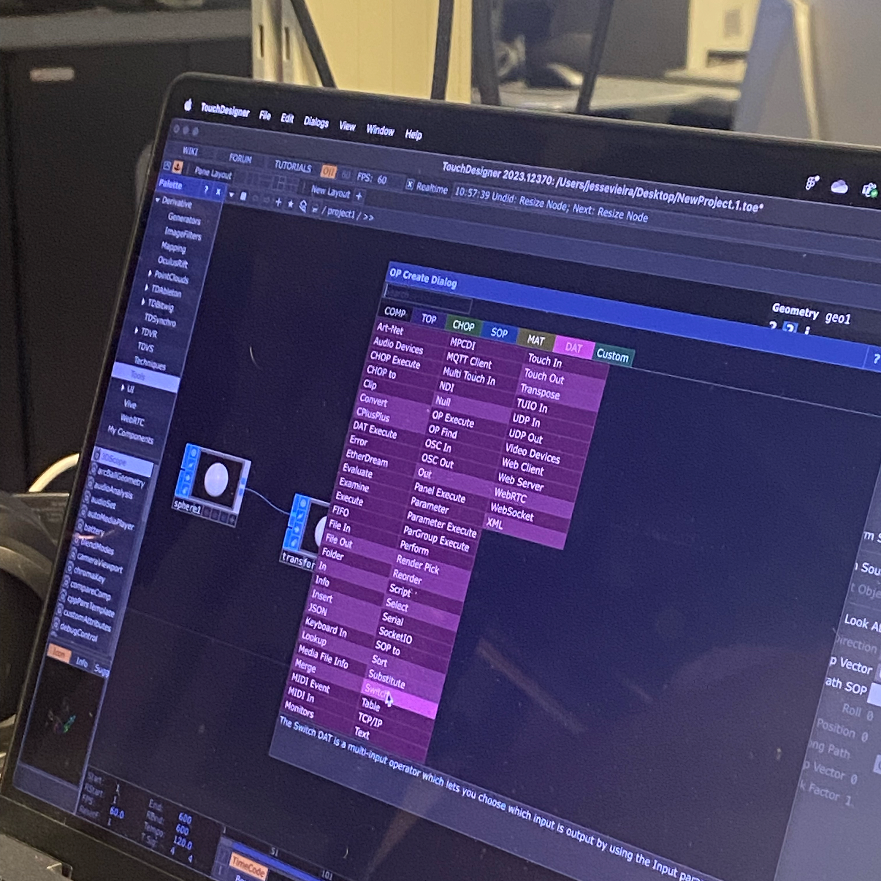 Followed Steve’s tutorial in class and started getting used to TouchDesigner’s interface. This is a “create dialog” box to edit the 3D circle graphic. 